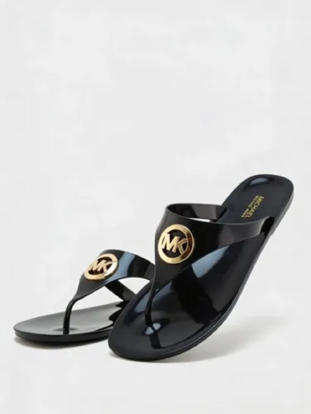 Michael Kors Black Jelly Thong Sandals with Gold MK Emblem